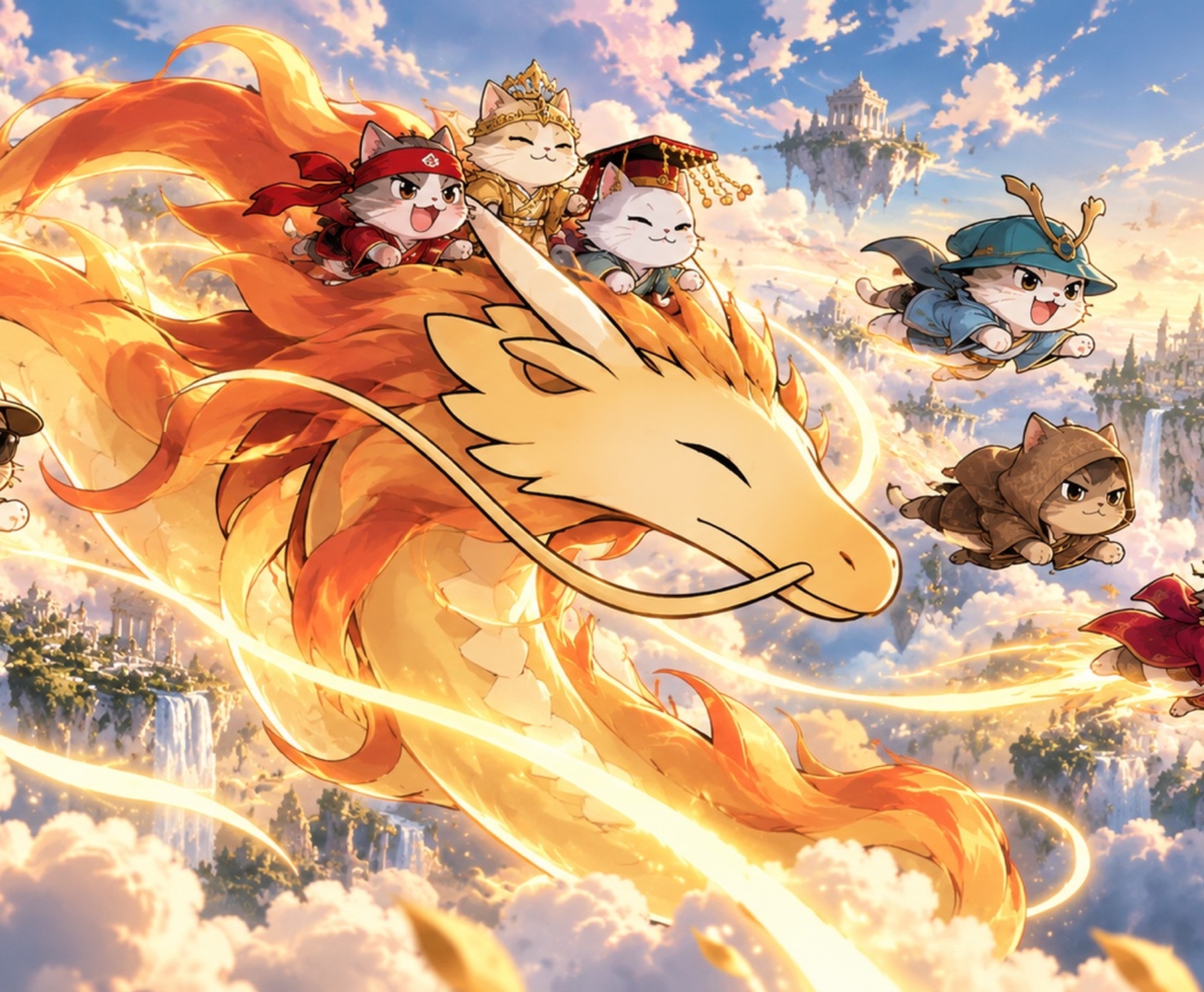 Orpheus flying with the Hypurr companions through Elysium